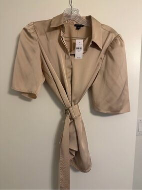 NWT-Ann Taylor Beige Satin Wrap Blouse with Ring Belt